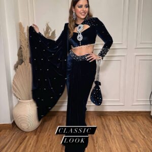 👑 Royal Velvet Pearl-Work Drape Saree Set with Designer Blouse & Batwa Bag ✨