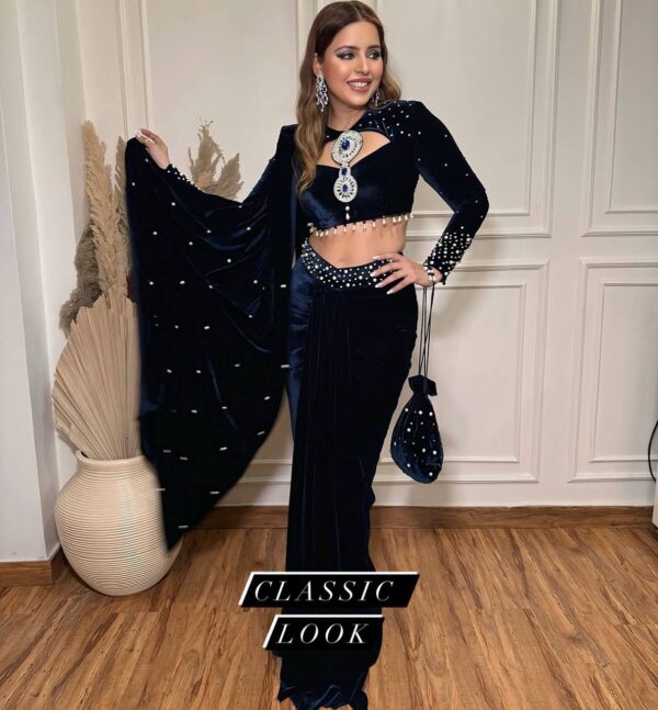 👑 Royal Velvet Pearl-Work Drape Saree Set with Designer Blouse & Batwa Bag ✨