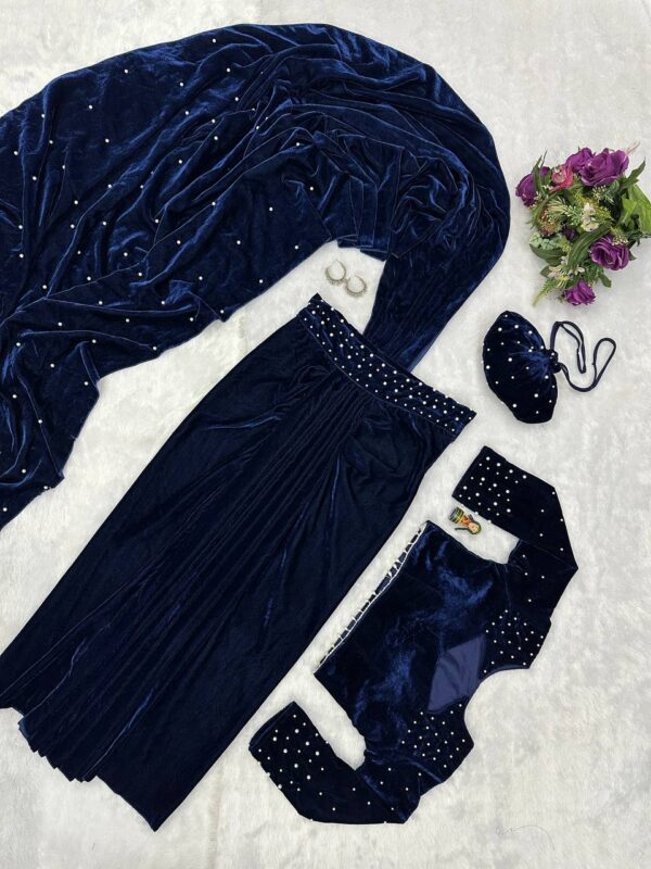 👑 Royal Velvet Pearl-Work Drape Saree Set with Designer Blouse & Batwa Bag ✨