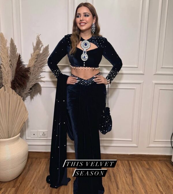 👑 Royal Velvet Pearl-Work Drape Saree Set with Designer Blouse & Batwa Bag ✨