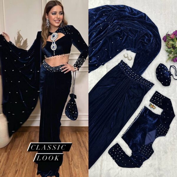 👑 Royal Velvet Pearl-Work Drape Saree Set with Designer Blouse & Batwa Bag ✨