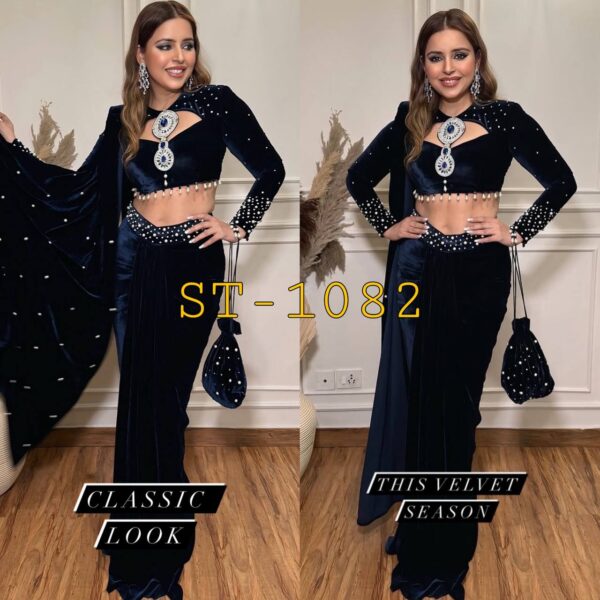 👑 Royal Velvet Pearl-Work Drape Saree Set with Designer Blouse & Batwa Bag ✨