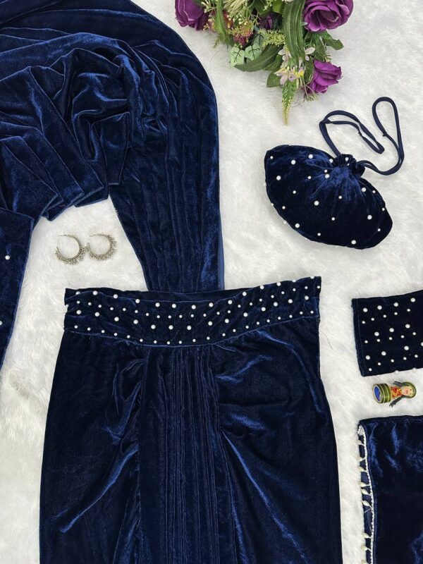 👑 Royal Velvet Pearl-Work Drape Saree Set with Designer Blouse & Batwa Bag ✨