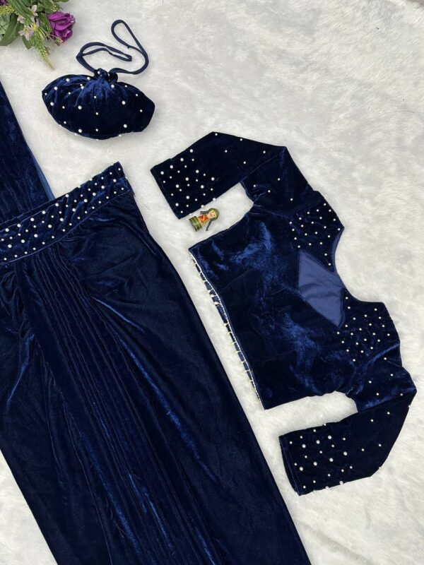 👑 Royal Velvet Pearl-Work Drape Saree Set with Designer Blouse & Batwa Bag ✨