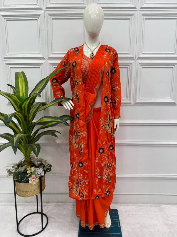🌟 GlamVibe Indo-Western Drape Saree Set with Heavy Embroidered Koti & Blouse ✨🥻