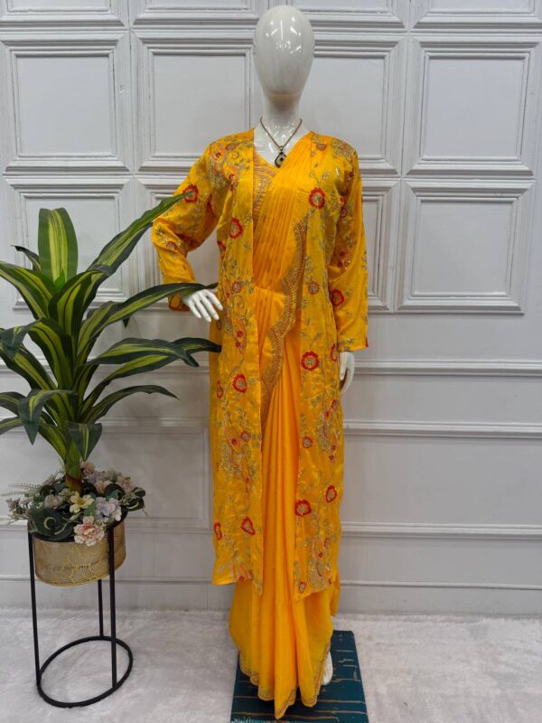 🌟 GlamVibe Indo-Western Drape Saree Set with Heavy Embroidered Koti & Blouse ✨🥻