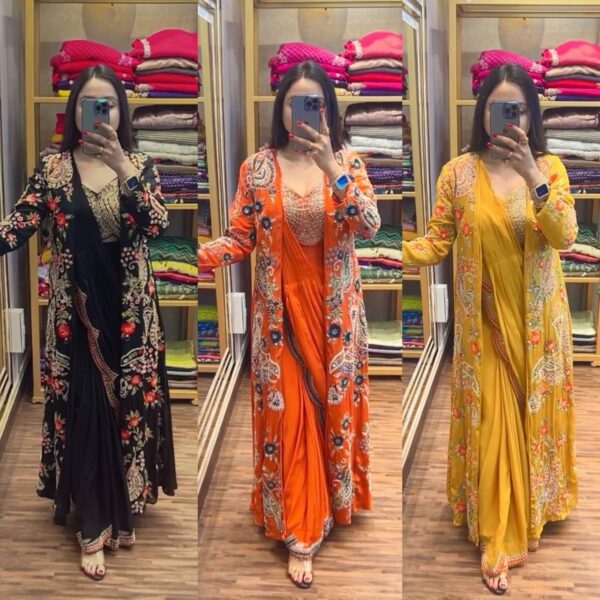 🌟 GlamVibe Indo-Western Drape Saree Set with Heavy Embroidered Koti & Blouse ✨🥻
