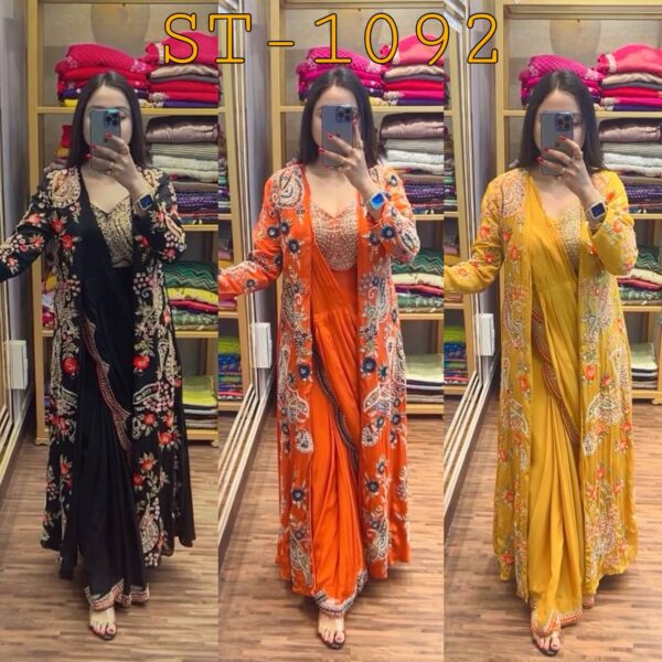 🌟 GlamVibe Indo-Western Drape Saree Set with Heavy Embroidered Koti & Blouse ✨🥻