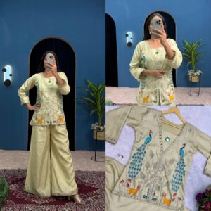 ✨ Royal Peacock Mirror-Work Co-Ord Set with Palazzo – Exclusive Embroidered Style 🦚👖