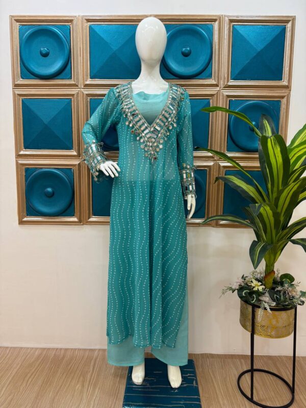 ✨ GlamShine Mirror Work Indo-Western 3-Piece Set – Kurti, Pant & Blouse Combo 👗💫
