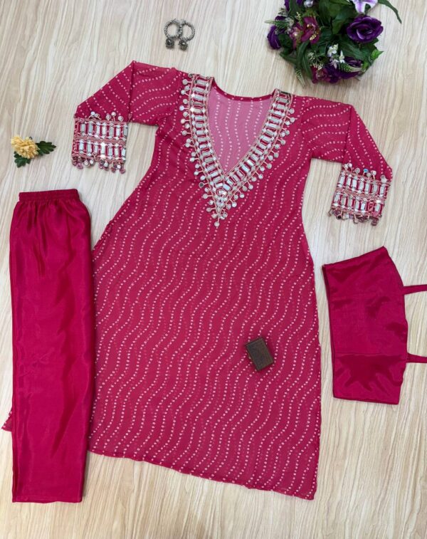 ✨ GlamShine Mirror Work Indo-Western 3-Piece Set – Kurti, Pant & Blouse Combo 👗💫