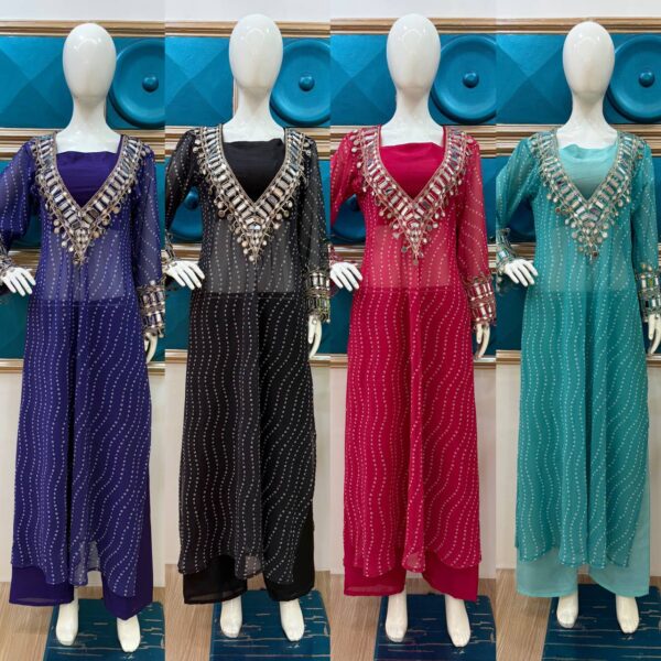 ✨ GlamShine Mirror Work Indo-Western 3-Piece Set – Kurti, Pant & Blouse Combo 👗💫