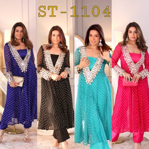 ✨ GlamShine Mirror Work Indo-Western 3-Piece Set – Kurti, Pant & Blouse Combo 👗💫