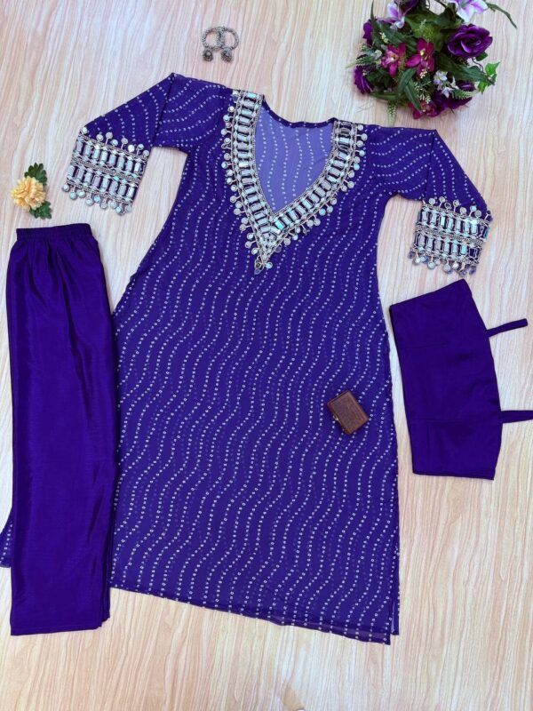 ✨ GlamShine Mirror Work Indo-Western 3-Piece Set – Kurti, Pant & Blouse Combo 👗💫