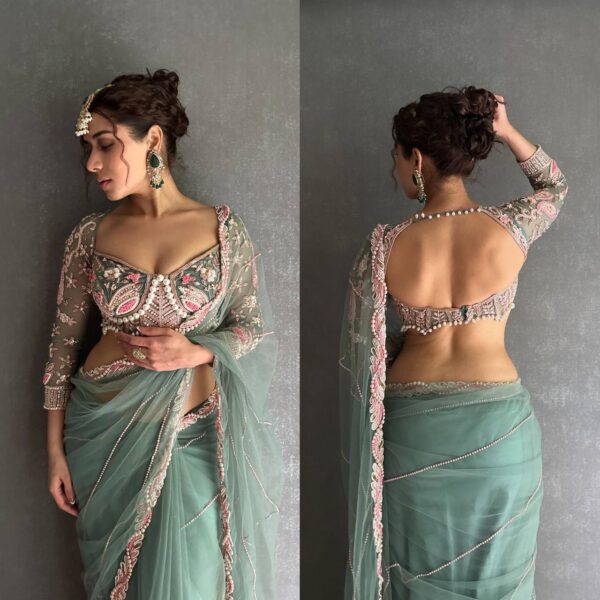 ✨ DreamNet Embroidered Pearl Work Saree Set with Designer Blouse – 6 Ethnic Colors 🥻💎