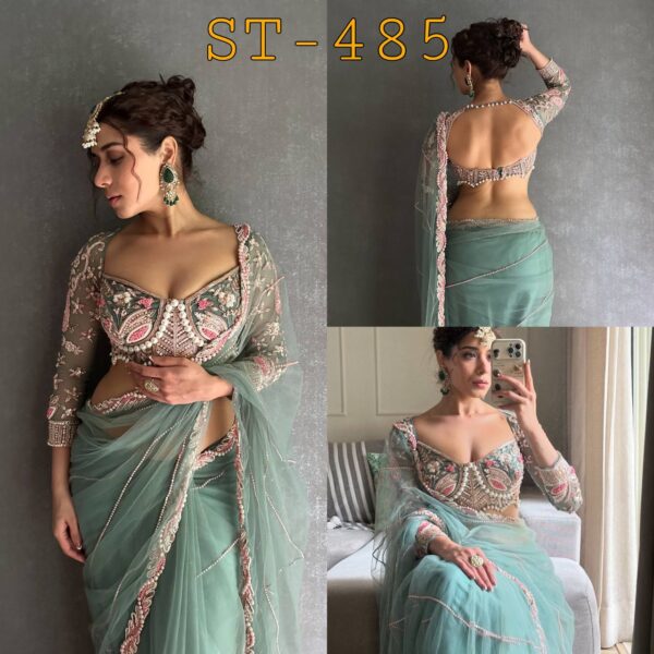 ✨ DreamNet Embroidered Pearl Work Saree Set with Designer Blouse – 6 Ethnic Colors 🥻💎