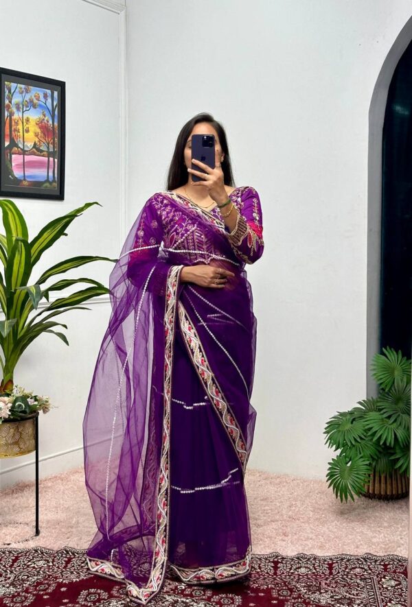 ✨ DreamNet Embroidered Pearl Work Saree Set with Designer Blouse – 6 Ethnic Colors 🥻💎