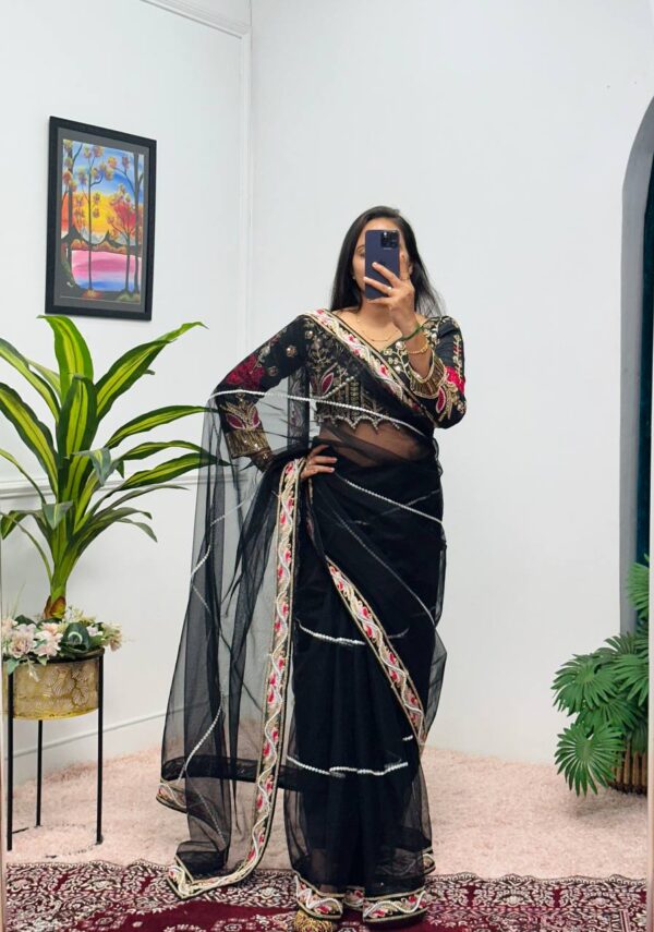 ✨ DreamNet Embroidered Pearl Work Saree Set with Designer Blouse – 6 Ethnic Colors 🥻💎