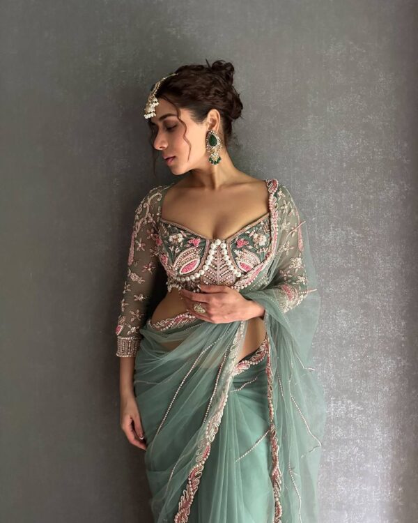 ✨ DreamNet Embroidered Pearl Work Saree Set with Designer Blouse – 6 Ethnic Colors 🥻💎