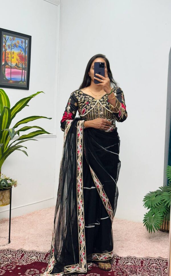 ✨ DreamNet Embroidered Pearl Work Saree Set with Designer Blouse – 6 Ethnic Colors 🥻💎