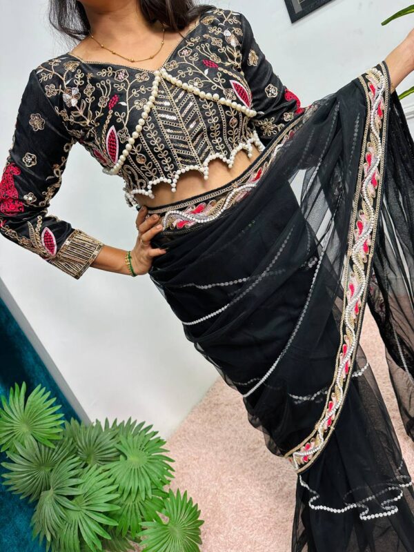 ✨ DreamNet Embroidered Pearl Work Saree Set with Designer Blouse – 6 Ethnic Colors 🥻💎