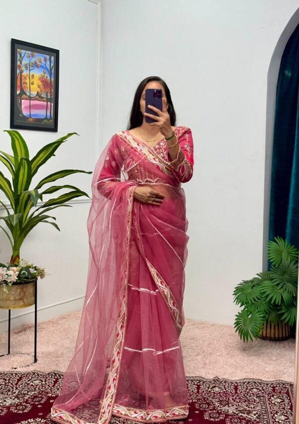 ✨ DreamNet Embroidered Pearl Work Saree Set with Designer Blouse – 6 Ethnic Colors 🥻💎