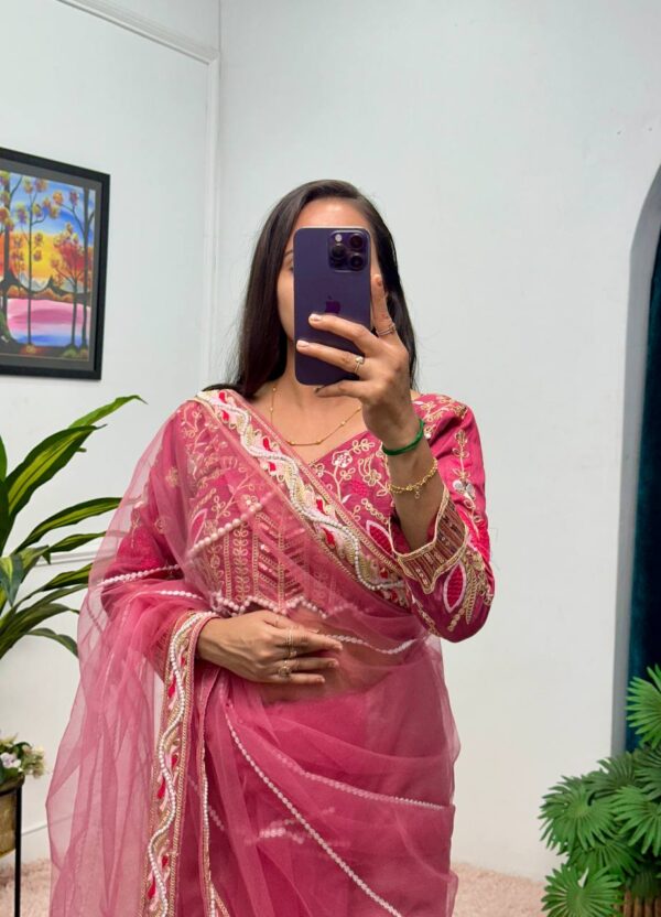 ✨ DreamNet Embroidered Pearl Work Saree Set with Designer Blouse – 6 Ethnic Colors 🥻💎