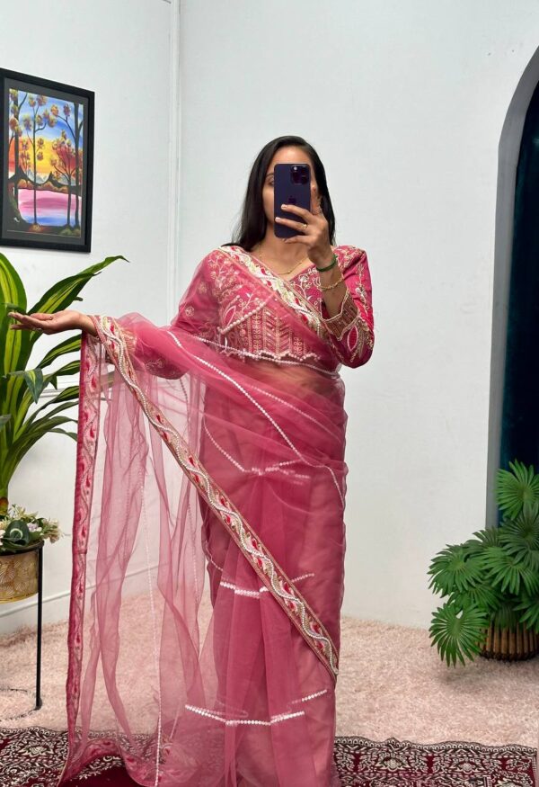 ✨ DreamNet Embroidered Pearl Work Saree Set with Designer Blouse – 6 Ethnic Colors 🥻💎