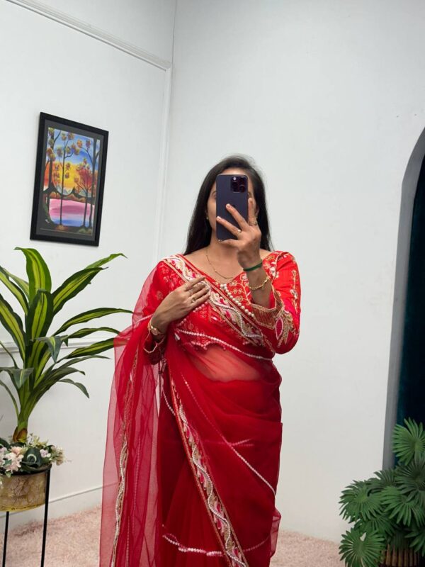 ✨ DreamNet Embroidered Pearl Work Saree Set with Designer Blouse – 6 Ethnic Colors 🥻💎