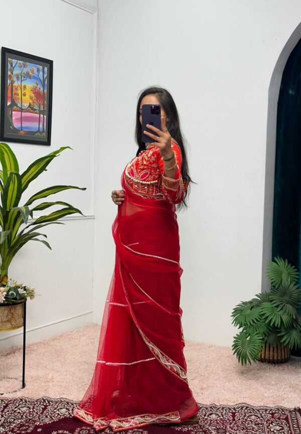 ✨ DreamNet Embroidered Pearl Work Saree Set with Designer Blouse – 6 Ethnic Colors 🥻💎