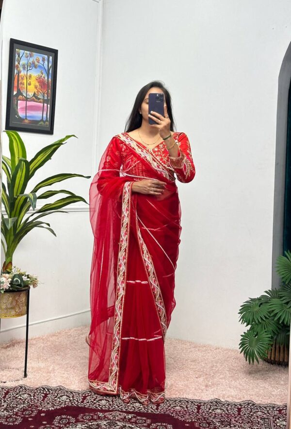 ✨ DreamNet Embroidered Pearl Work Saree Set with Designer Blouse – 6 Ethnic Colors 🥻💎