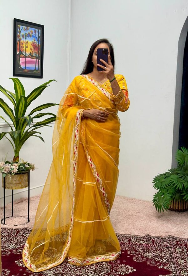✨ DreamNet Embroidered Pearl Work Saree Set with Designer Blouse – 6 Ethnic Colors 🥻💎
