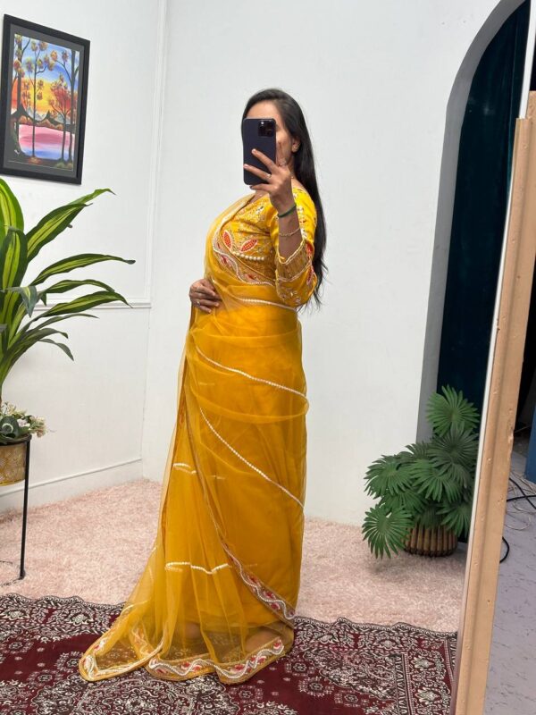 ✨ DreamNet Embroidered Pearl Work Saree Set with Designer Blouse – 6 Ethnic Colors 🥻💎