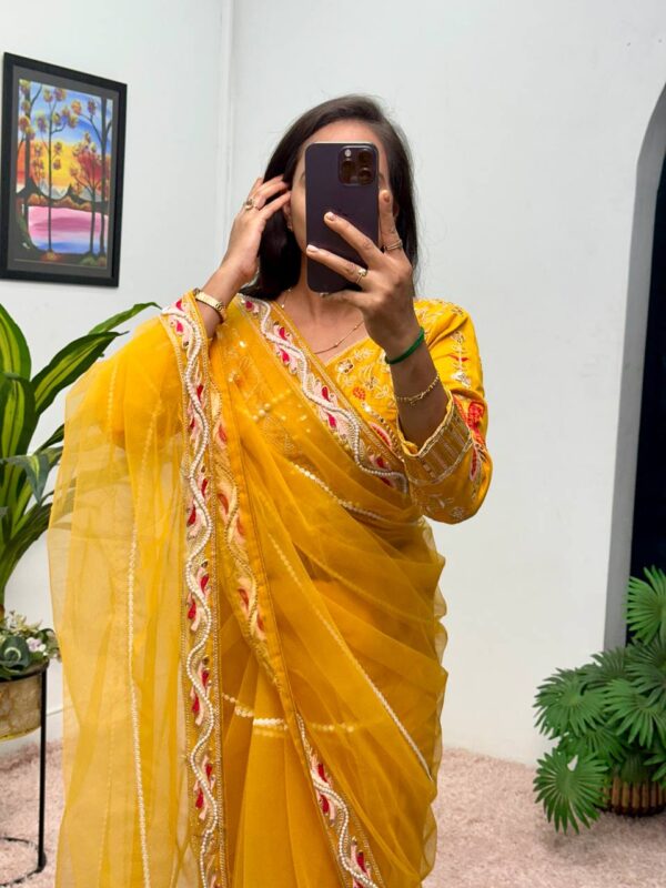 ✨ DreamNet Embroidered Pearl Work Saree Set with Designer Blouse – 6 Ethnic Colors 🥻💎