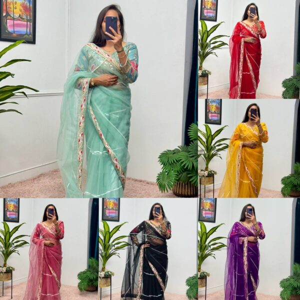 ✨ DreamNet Embroidered Pearl Work Saree Set with Designer Blouse – 6 Ethnic Colors 🥻💎