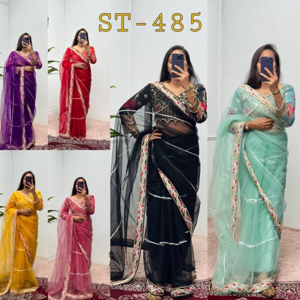 ✨ DreamNet Embroidered Pearl Work Saree Set with Designer Blouse – 6 Ethnic Colors 🥻💎