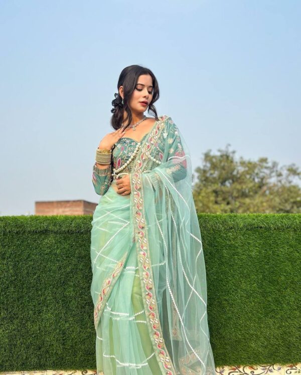 ✨ DreamNet Embroidered Pearl Work Saree Set with Designer Blouse – 6 Ethnic Colors 🥻💎