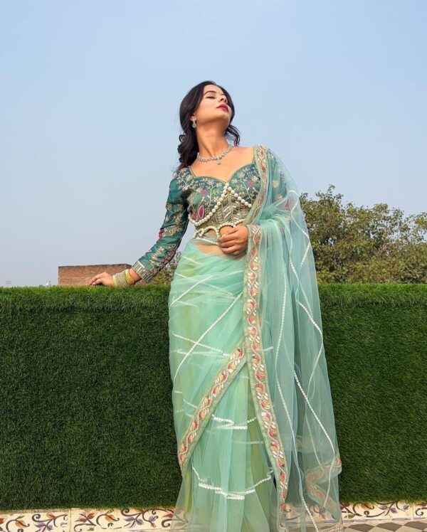 ✨ DreamNet Embroidered Pearl Work Saree Set with Designer Blouse – 6 Ethnic Colors 🥻💎
