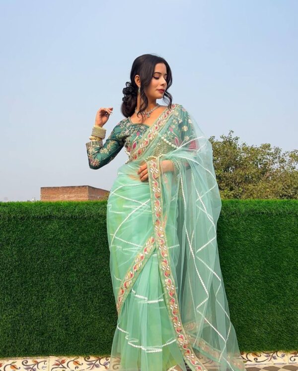 ✨ DreamNet Embroidered Pearl Work Saree Set with Designer Blouse – 6 Ethnic Colors 🥻💎