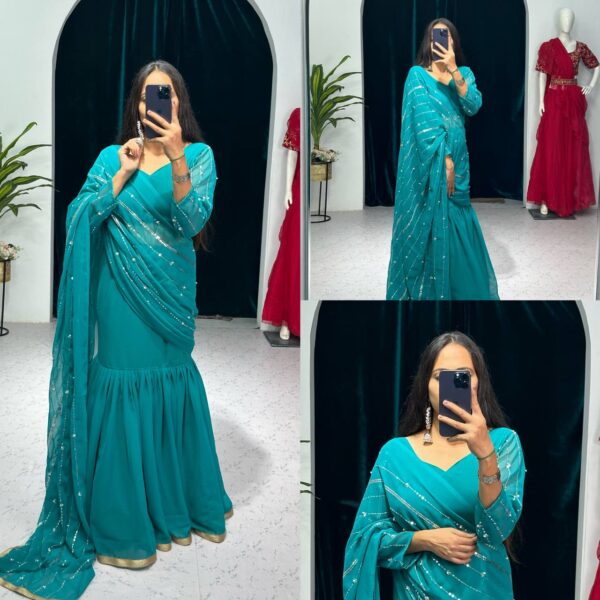 💃✨ GlamFlair Embroidered Lehenga-Saree with Attached Dupatta & Heavy Flair 🌟