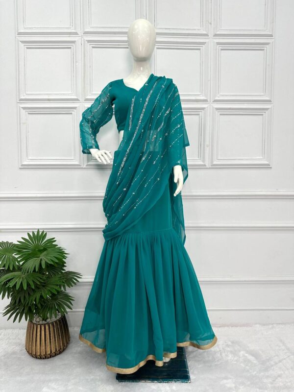 💃✨ GlamFlair Embroidered Lehenga-Saree with Attached Dupatta & Heavy Flair 🌟