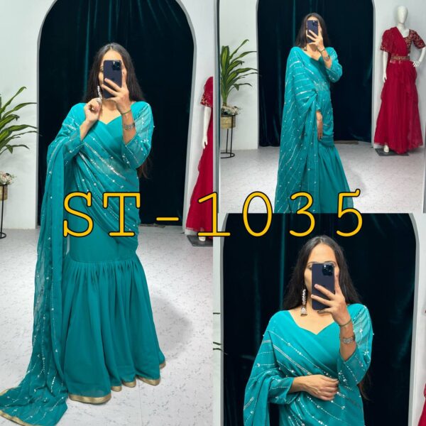 💃✨ GlamFlair Embroidered Lehenga-Saree with Attached Dupatta & Heavy Flair 🌟