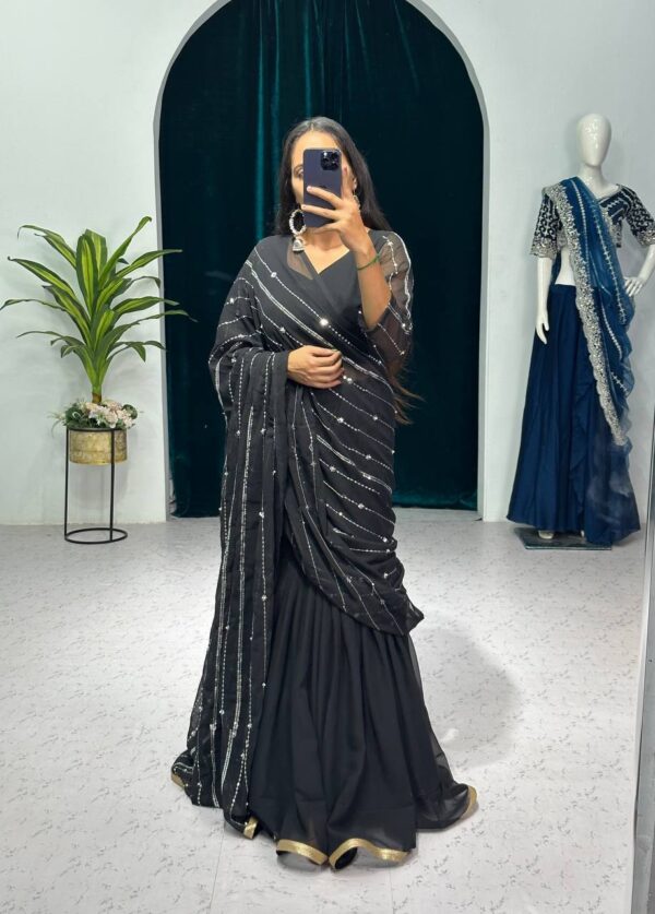 💃✨ GlamFlair Embroidered Lehenga-Saree with Attached Dupatta & Heavy Flair 🌟