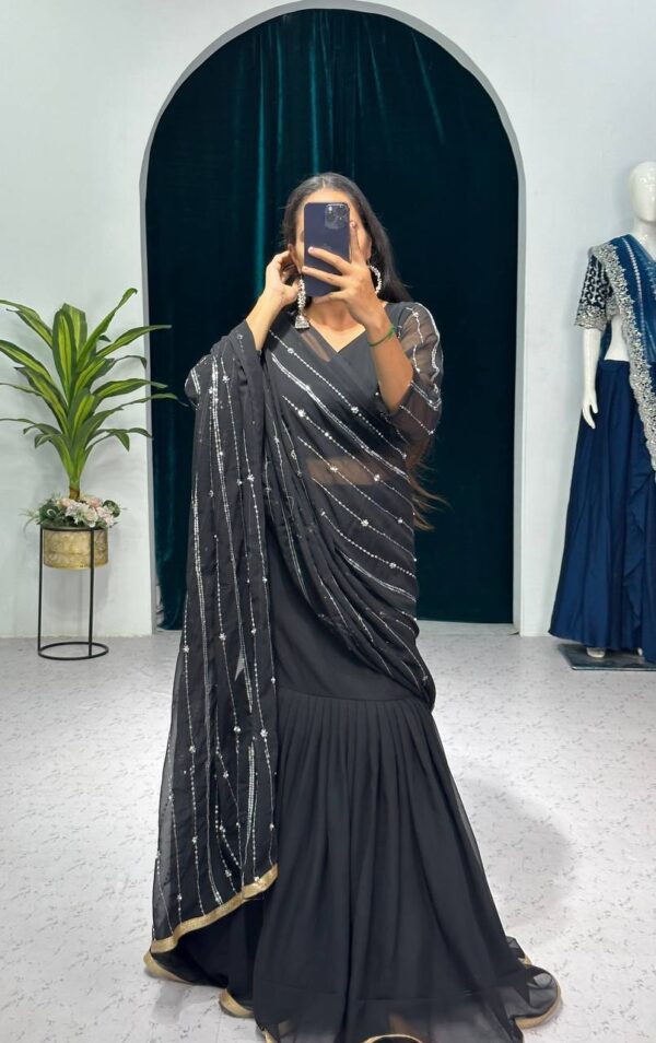 💃✨ GlamFlair Embroidered Lehenga-Saree with Attached Dupatta & Heavy Flair 🌟