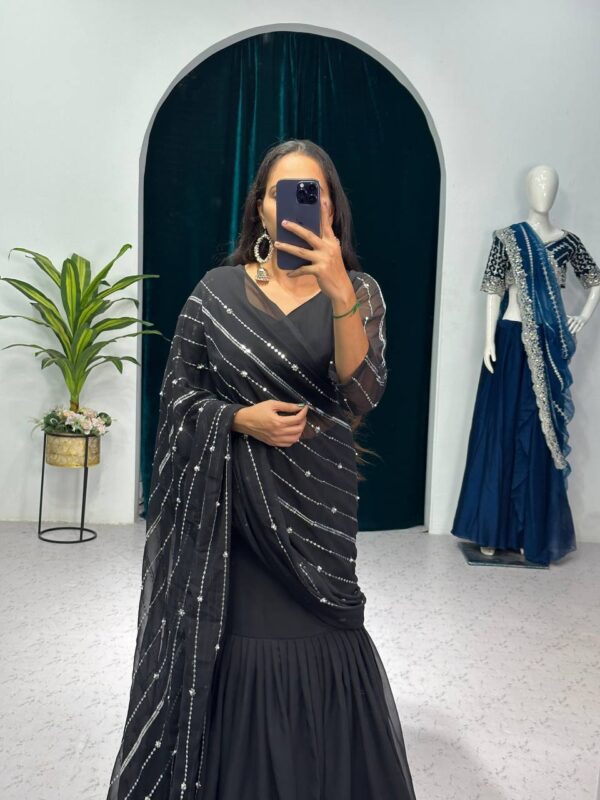 💃✨ GlamFlair Embroidered Lehenga-Saree with Attached Dupatta & Heavy Flair 🌟