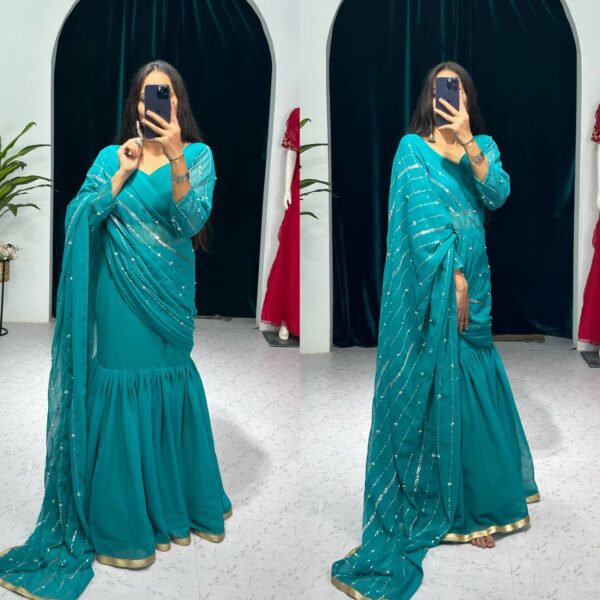 💃✨ GlamFlair Embroidered Lehenga-Saree with Attached Dupatta & Heavy Flair 🌟
