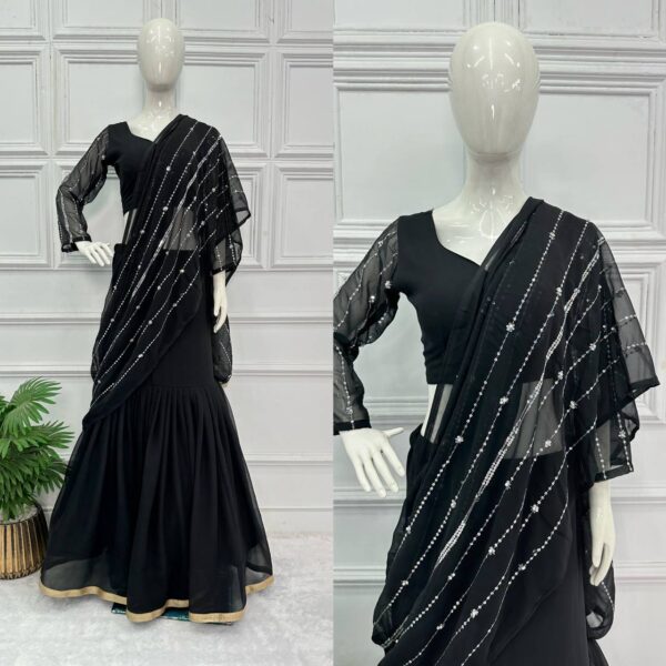 💃✨ GlamFlair Embroidered Lehenga-Saree with Attached Dupatta & Heavy Flair 🌟