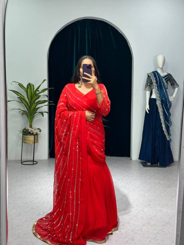 💃✨ GlamFlair Embroidered Lehenga-Saree with Attached Dupatta & Heavy Flair 🌟