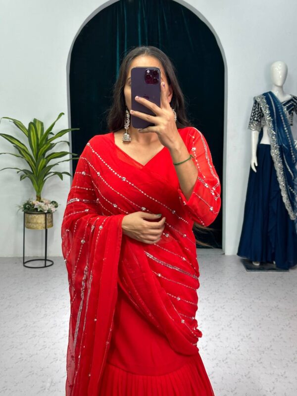 💃✨ GlamFlair Embroidered Lehenga-Saree with Attached Dupatta & Heavy Flair 🌟