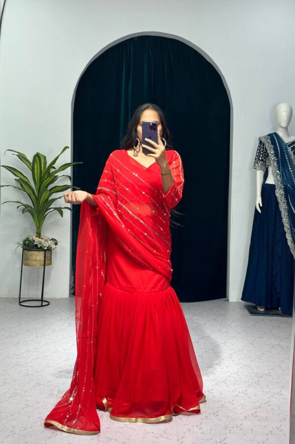 💃✨ GlamFlair Embroidered Lehenga-Saree with Attached Dupatta & Heavy Flair 🌟